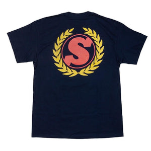 Sunday Winners Wreath T-Shirt - Navy With Red And Yellow Wreath